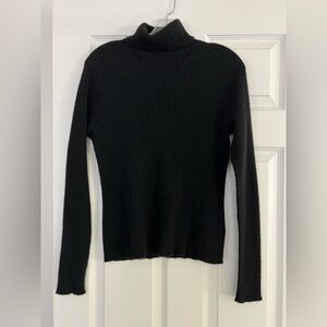 100% Cashmere Lands End Black Ribbed Raglan Sleeve Turtleneck Sweater
